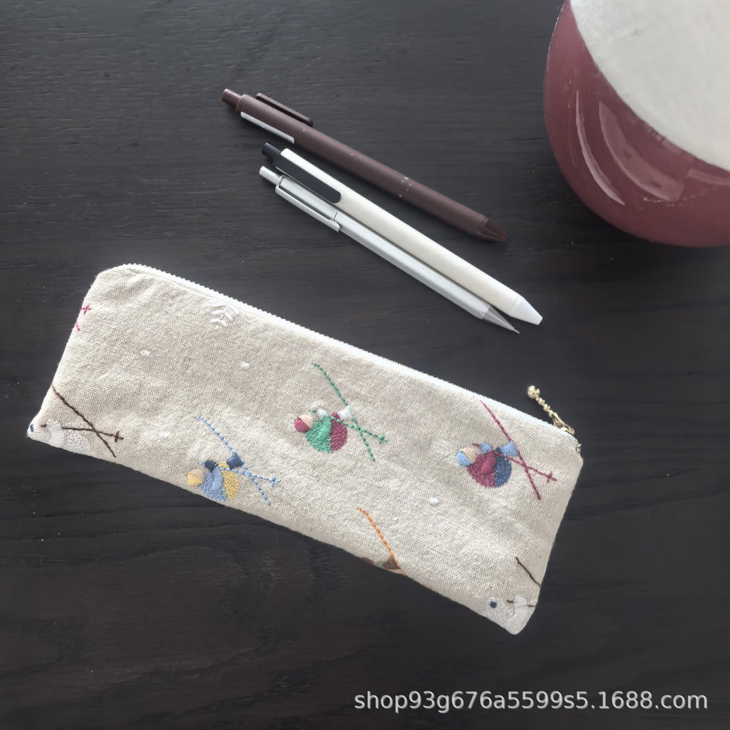 CouldNook Embroidered Pencil Pouch - Textile Motifs And Slim Zip Opening