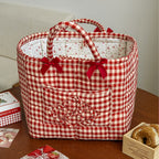 CouldNook Gingham Storage Basket - Bow Handles And Ruffled Front Pocket