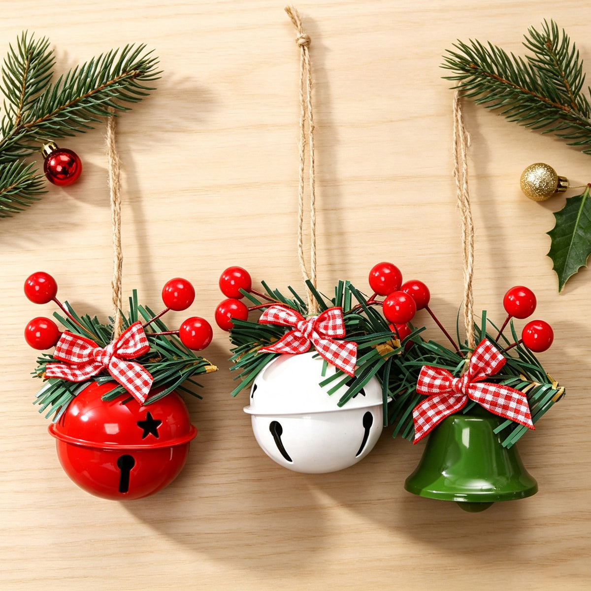 CouldNook Christmas Bell Ornament - Checkered Bows and Greenery Accents
