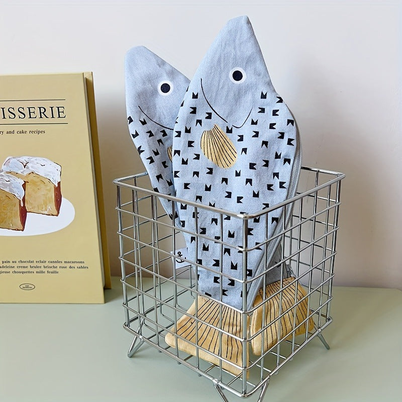 CouldNook Fish Canvas Pencil Pouch - Printed Scales And Fishbone Lining