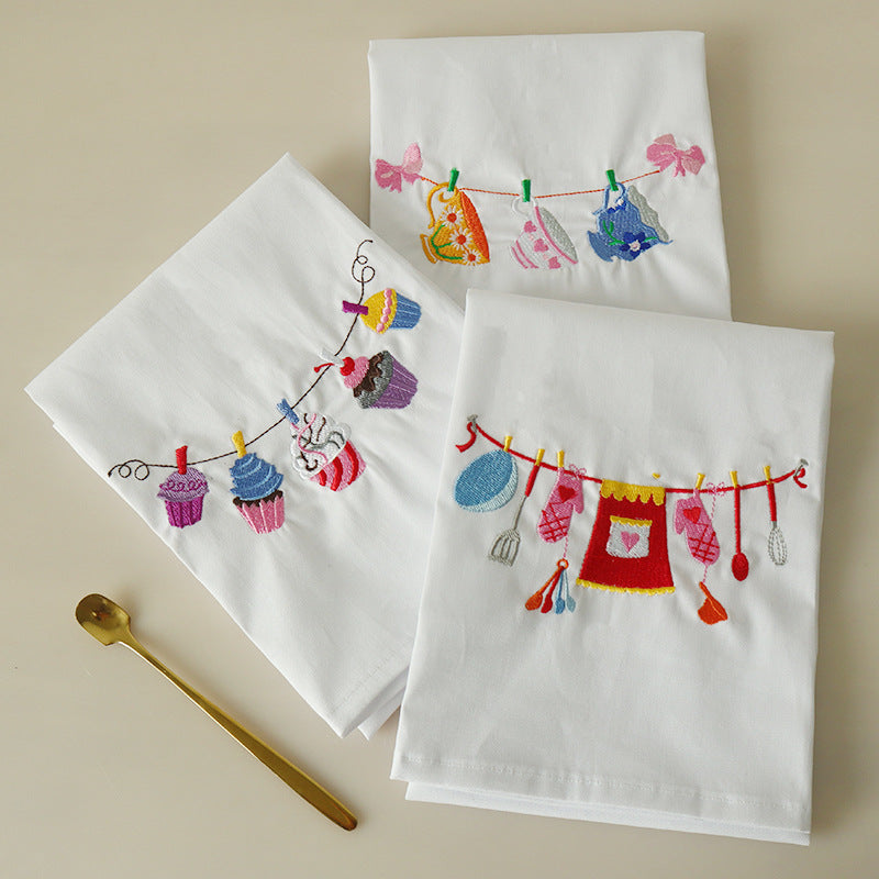 CouldNook Embroidered Cotton Napkin - Colorful Kitchen Motifs On White