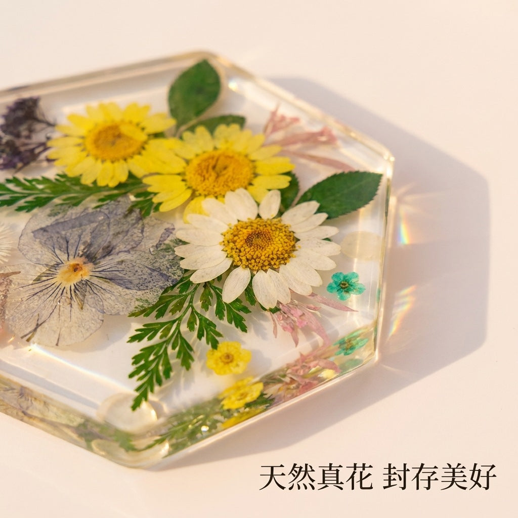 CouldNook Hexagonal Floral Coaster - Clear Body and Pressed Flower Arrangement