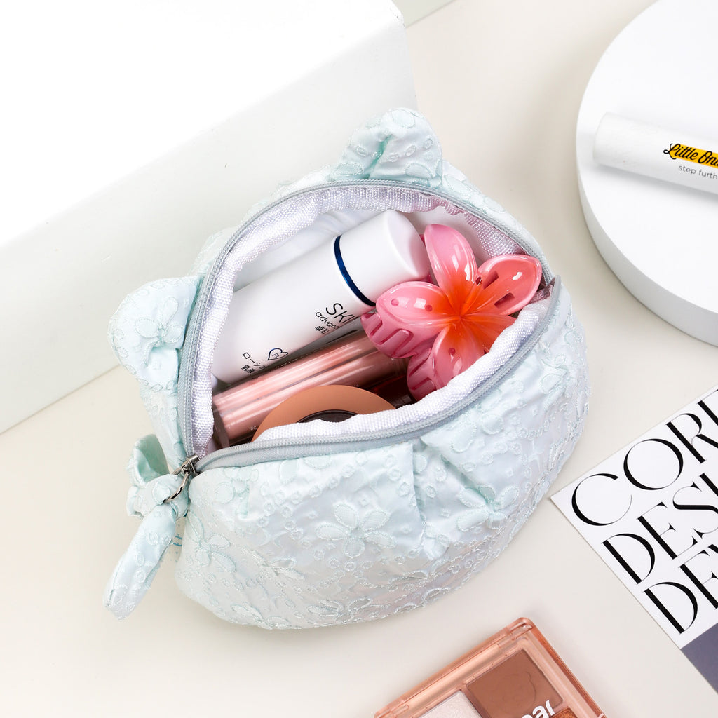 CouldNook Floral Cosmetic Pouch - Textured Blossoms And Cat Ear Details