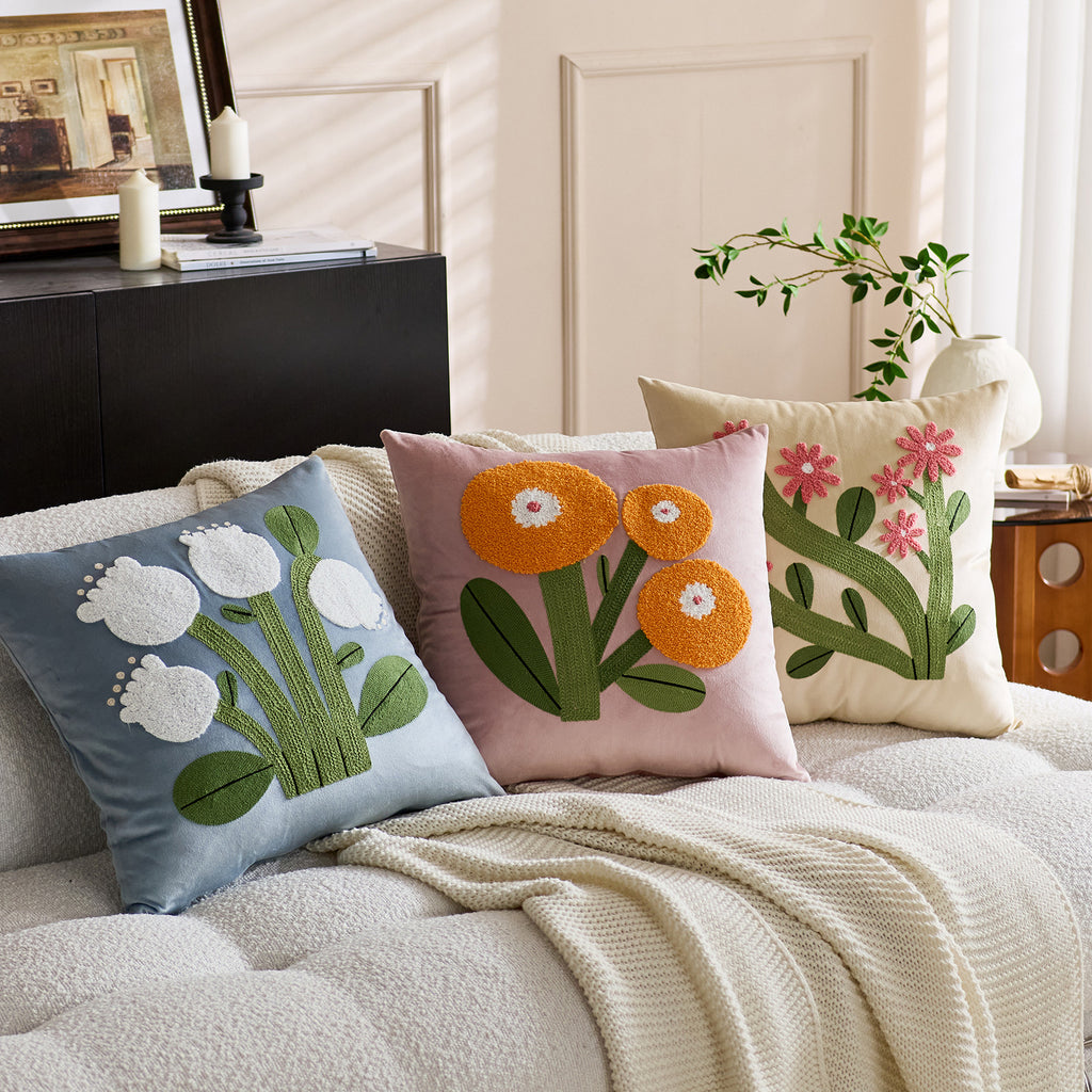 CouldNook Embroidered Floral Cushion Cover - Velvet Face And Raised Flowers