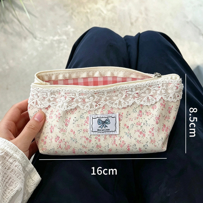 CouldNook Floral Pencil Pouch - Lace Trim And Checked Interior