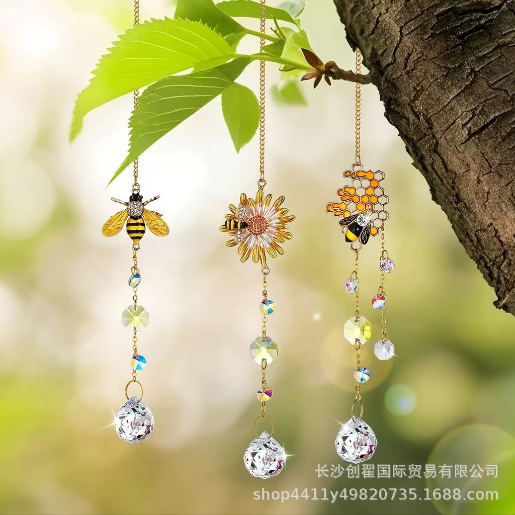 CouldNook Bee Motif Suncatcher - Floral Details And Faceted Pendant Strand