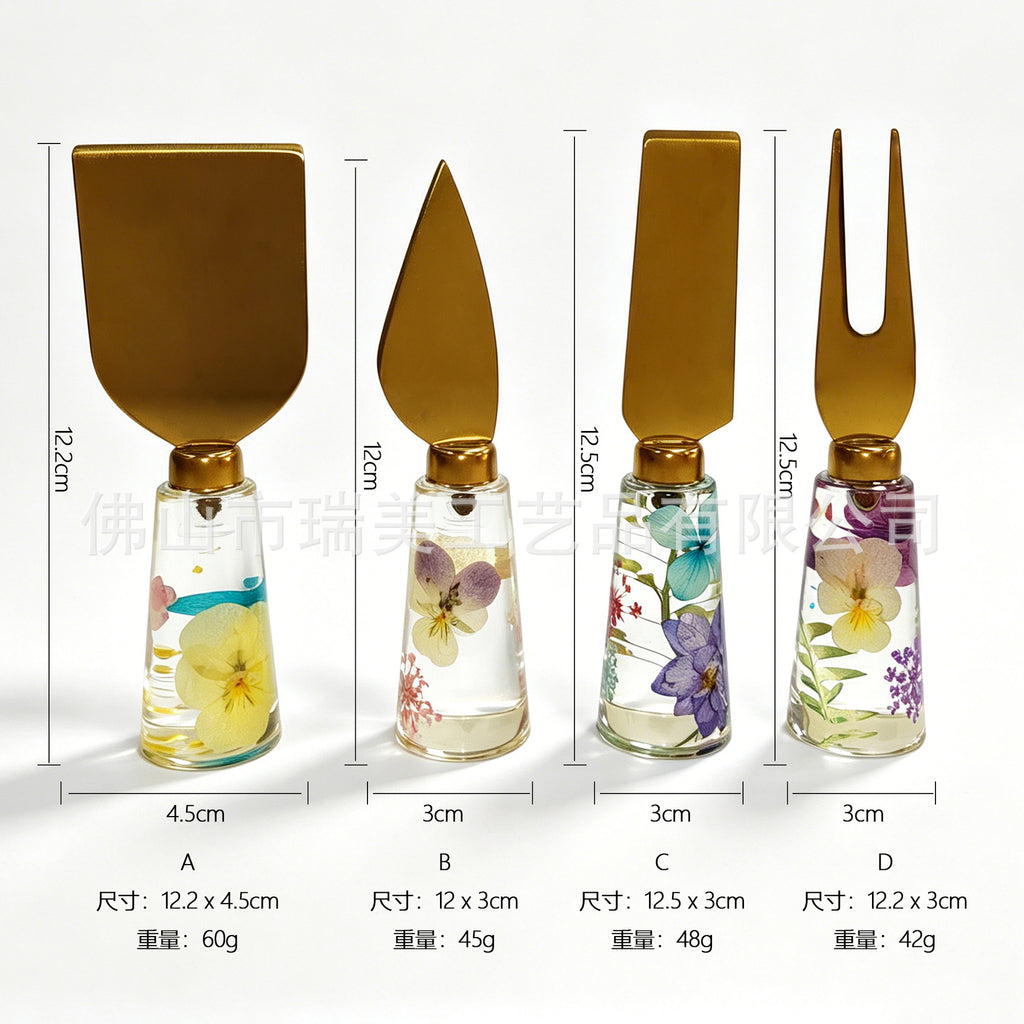 CouldNook Floral Cheese Serving Utensils - Clear Resin Handles and Shaped Heads