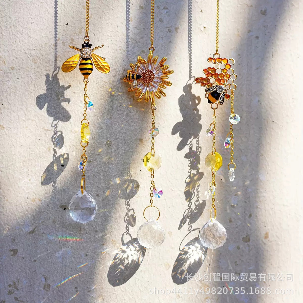 CouldNook Bee Motif Suncatcher - Floral Details And Faceted Pendant Strand