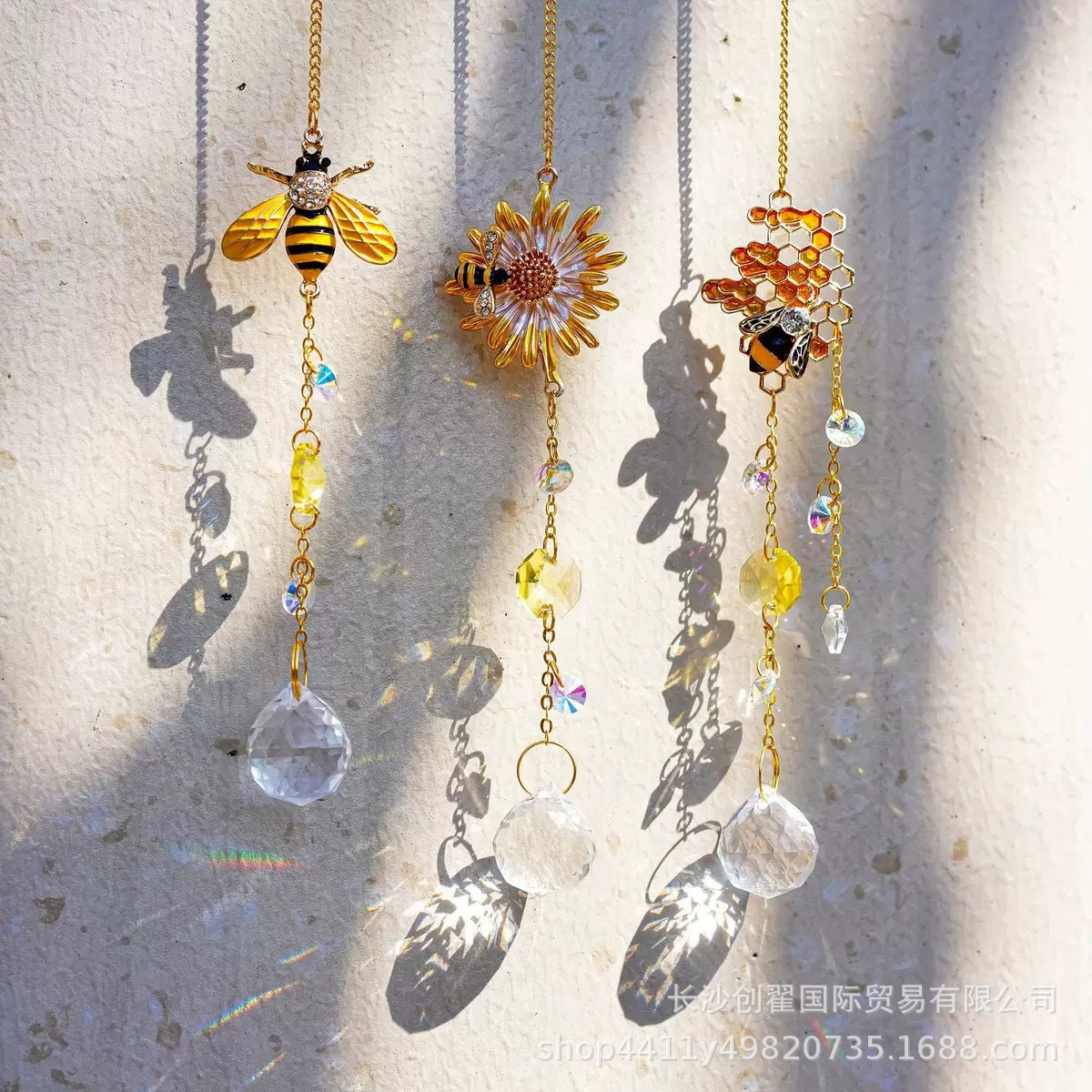 CouldNook Bee Motif Suncatcher - Floral Details And Faceted Pendant Strand