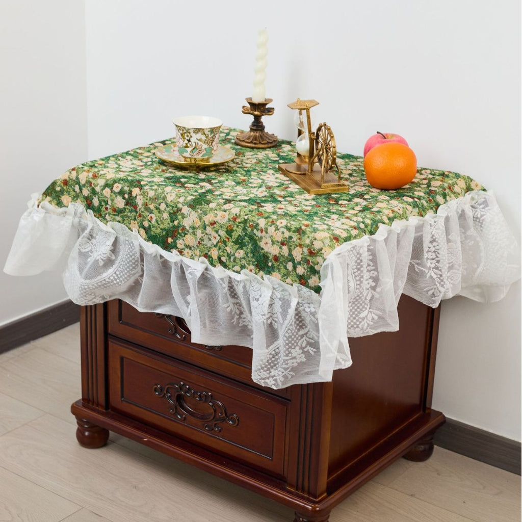 CouldNook Ruffled Jacquard Tablecloth - Patterned Center And Sheer Lace Border