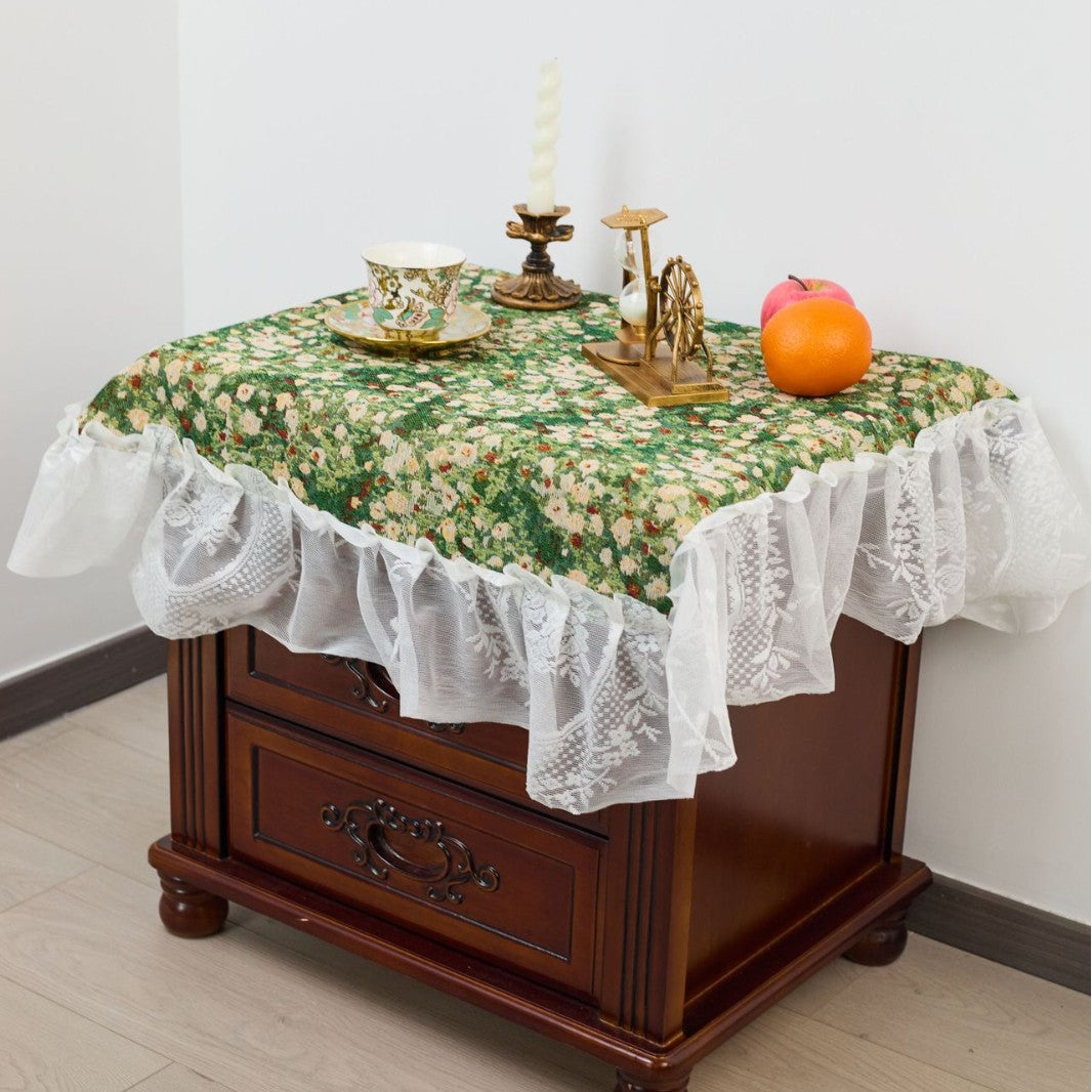CouldNook Ruffled Jacquard Tablecloth - Patterned Center And Sheer Lace Border