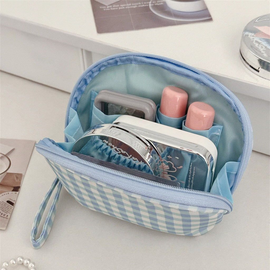 CouldNook Gingham Clamshell Pouch - Curved Zipper And Inner Pockets