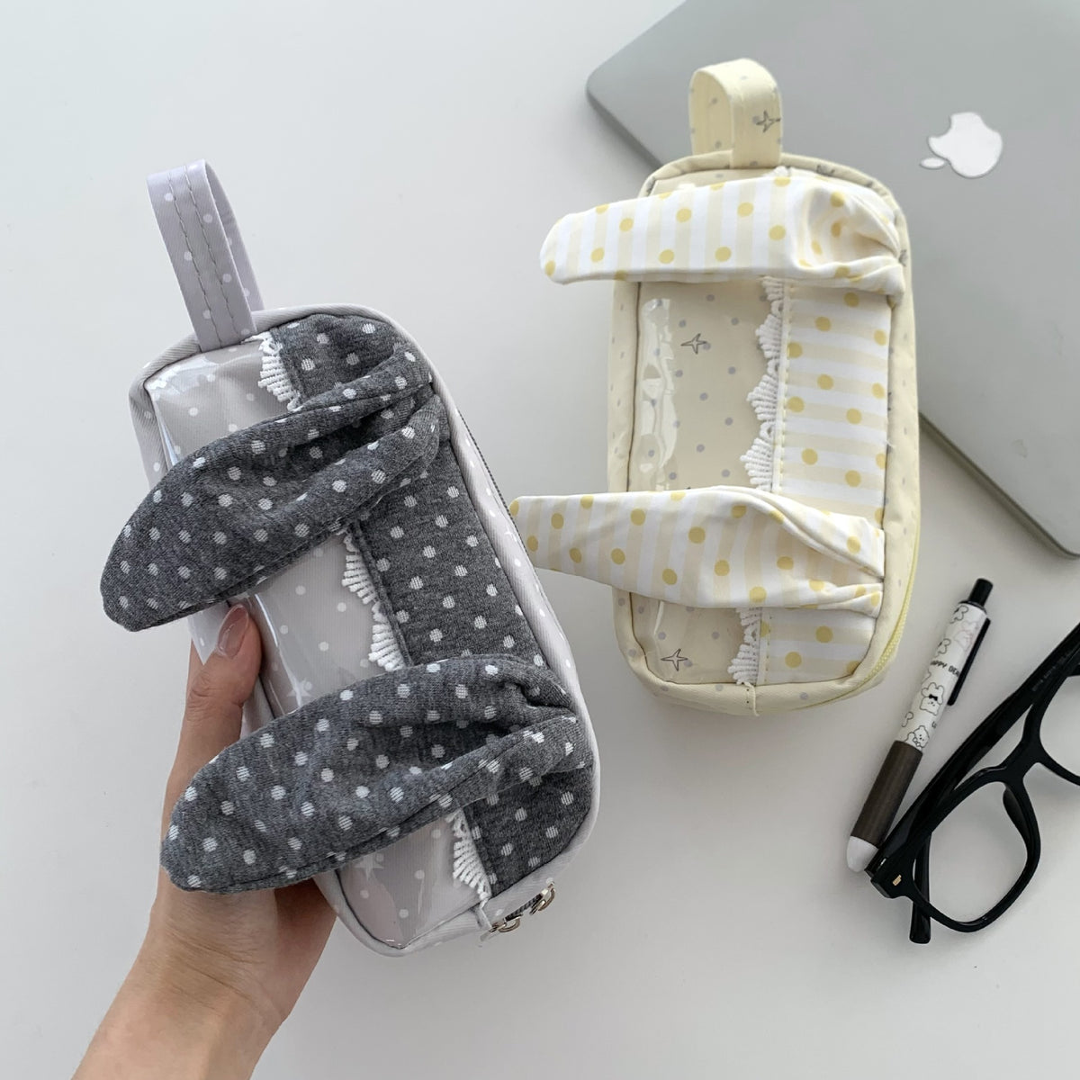 CouldNook Rabbit Ear Pencil Pouch - Patterned Panels And Gathered Trim