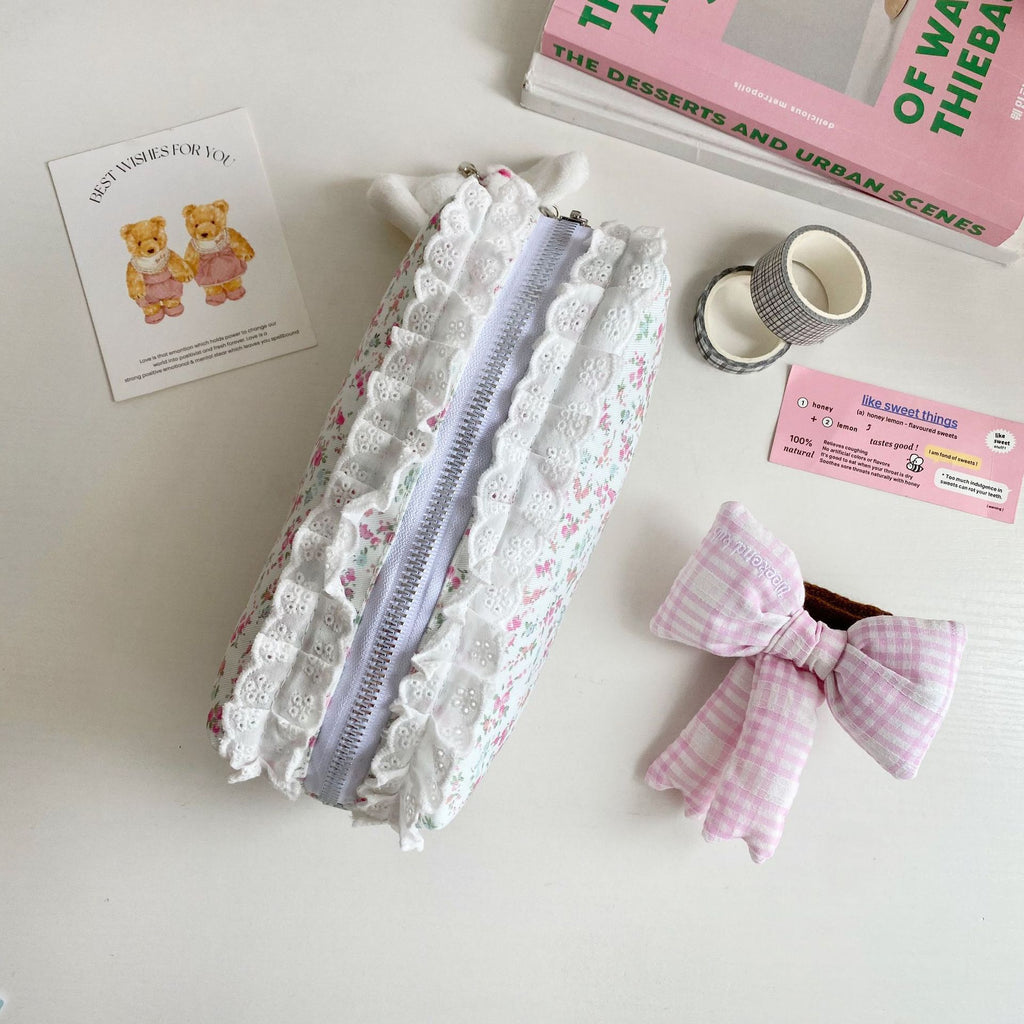 CouldNook Floral Lace Pencil Pouch - Ruffled Trim And Top Zipper