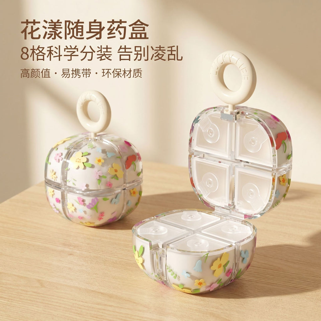 CouldNook Eight Compartment Pill Organizer - Ring Handle And Floral Option