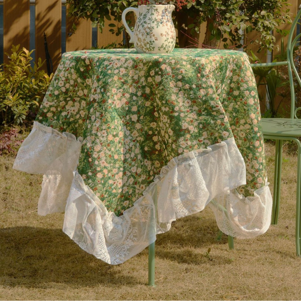 CouldNook Ruffled Jacquard Tablecloth - Patterned Center And Sheer Lace Border