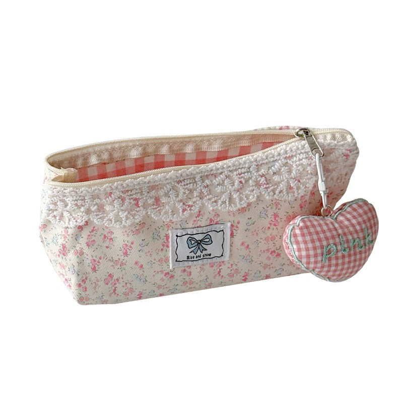 CouldNook Floral Pencil Pouch - Lace Trim And Checked Interior
