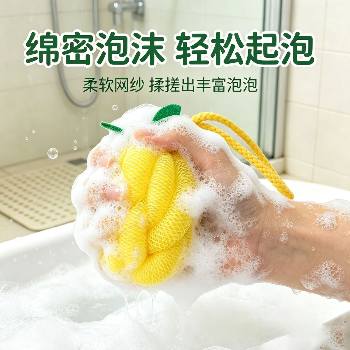 CouldNook Fruit Shaped Bath Pouf - Gathered Mesh And Green Leaf Detail