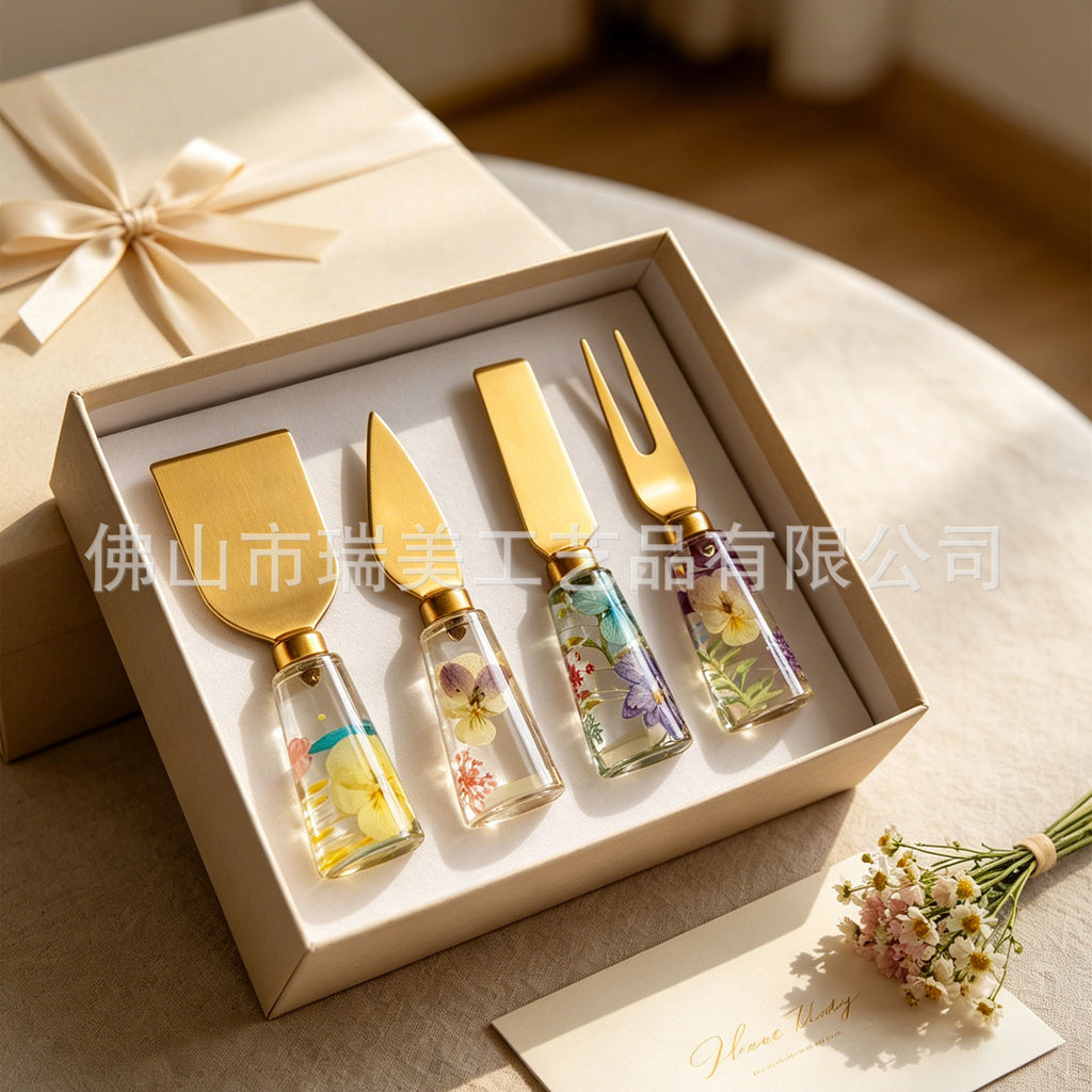 CouldNook Floral Cheese Serving Utensils - Clear Resin Handles and Shaped Heads