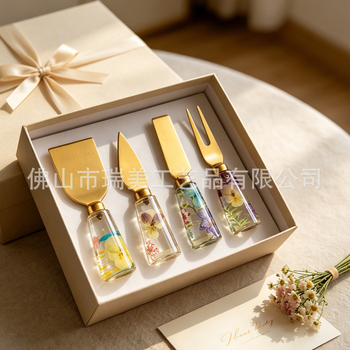 CouldNook Floral Cheese Serving Utensils - Clear Resin Handles and Shaped Heads