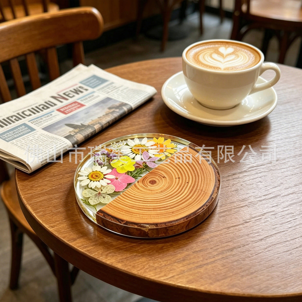 CouldNook Round Floral Coaster - Wood Grain and Clear Resin Section