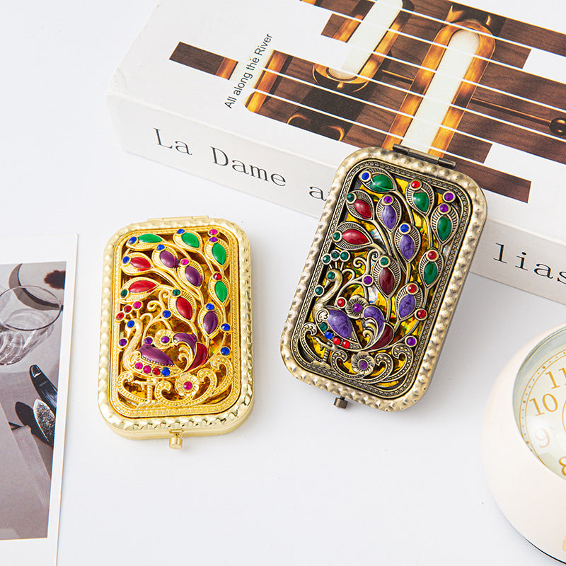 CouldNook Decorative Folding Pocket Mirror - Raised Peacock Motifs And Metal Frame