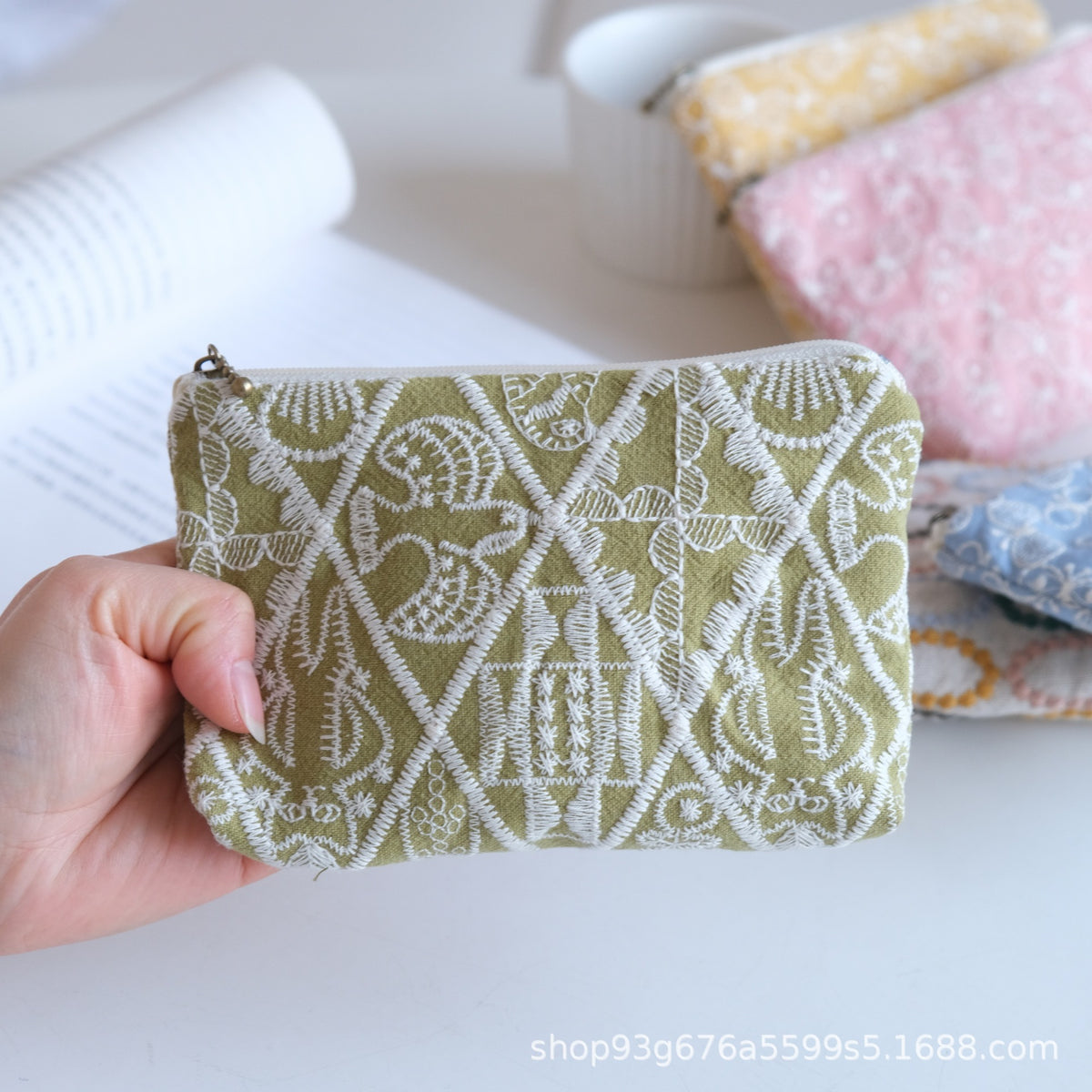 CouldNook Embroidered Cosmetic Pouch - Delicate Motifs And Textured Stitching