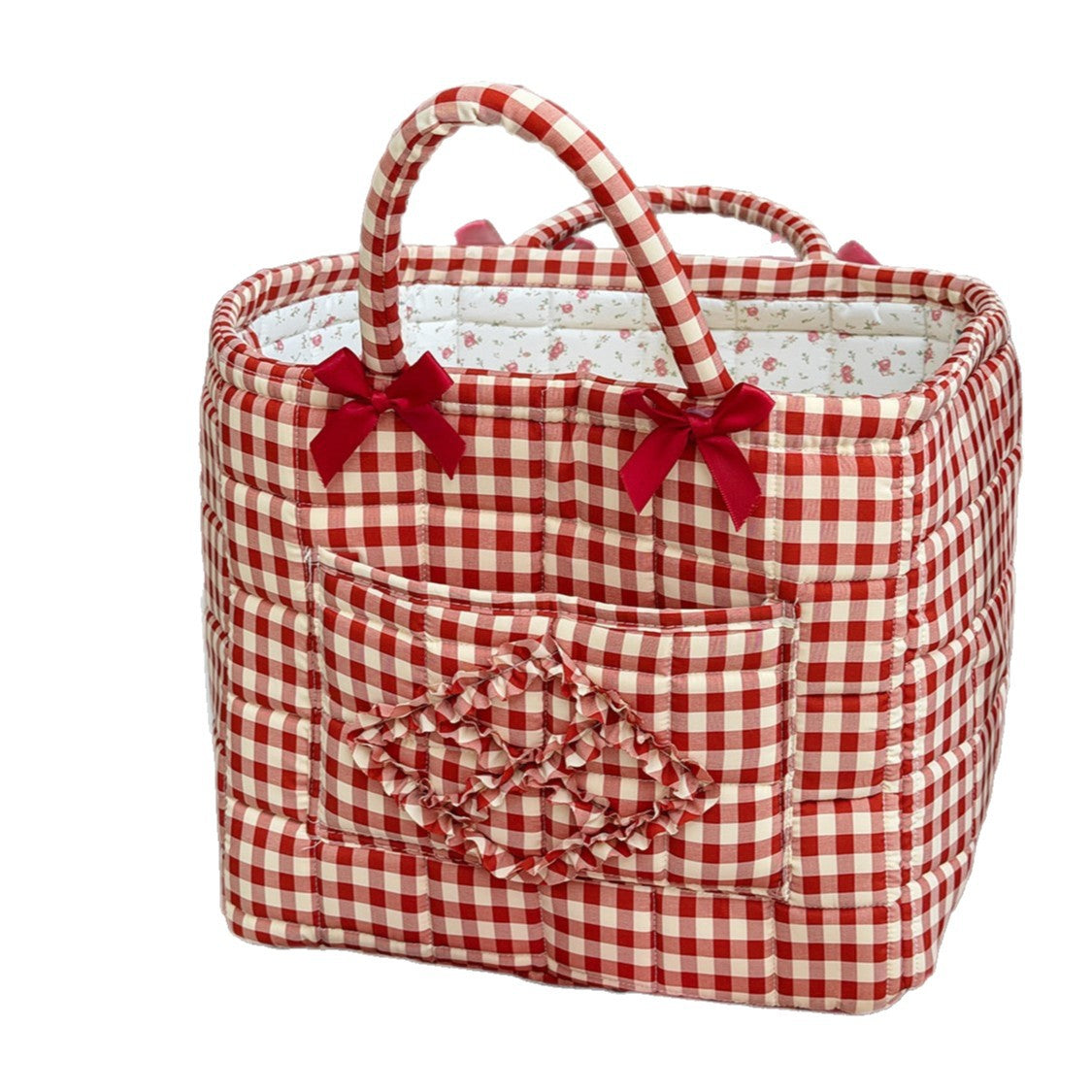 CouldNook Gingham Storage Basket - Bow Handles And Ruffled Front Pocket