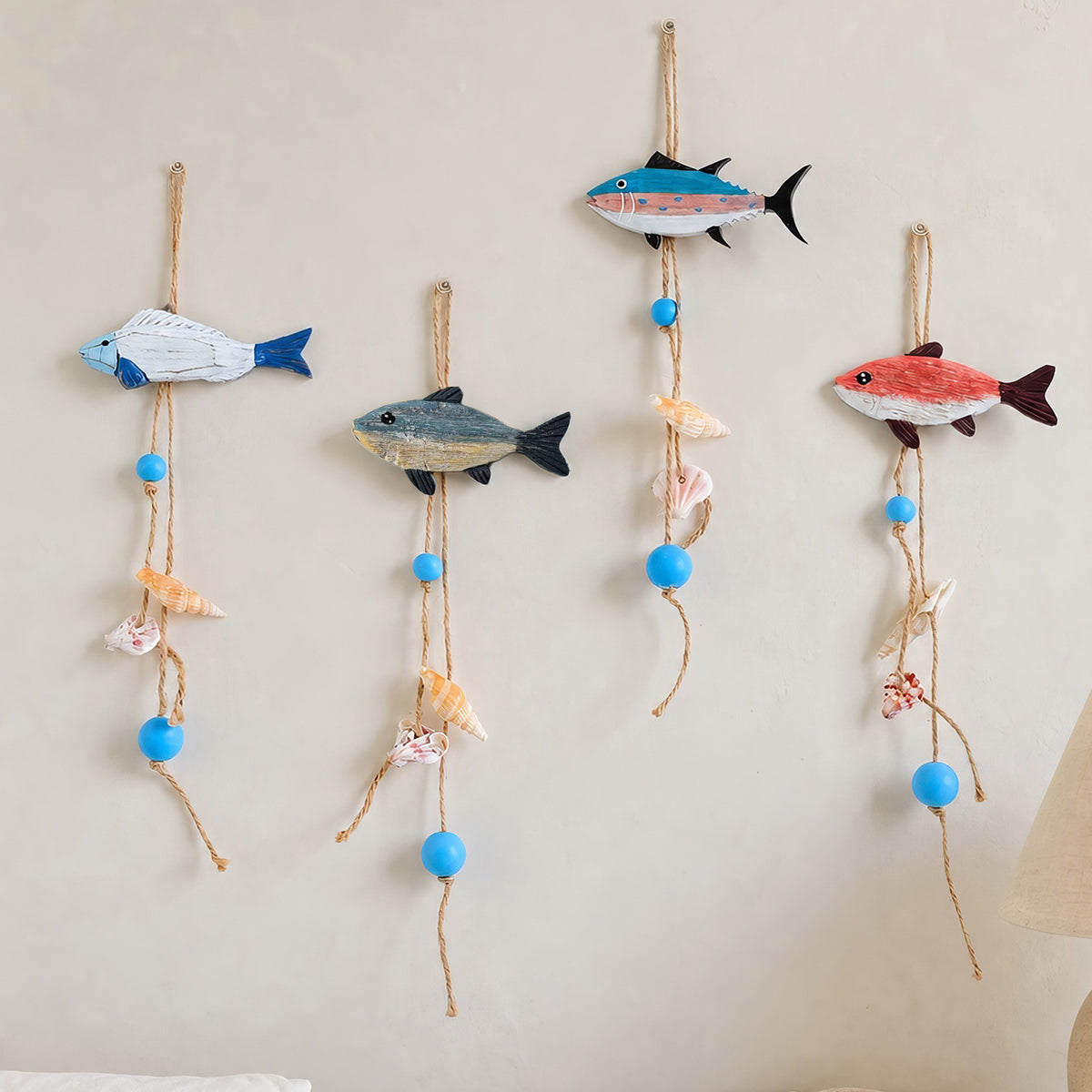 CouldNook Wooden Fish Wall Hanging - Painted Patterns And Beaded Cord