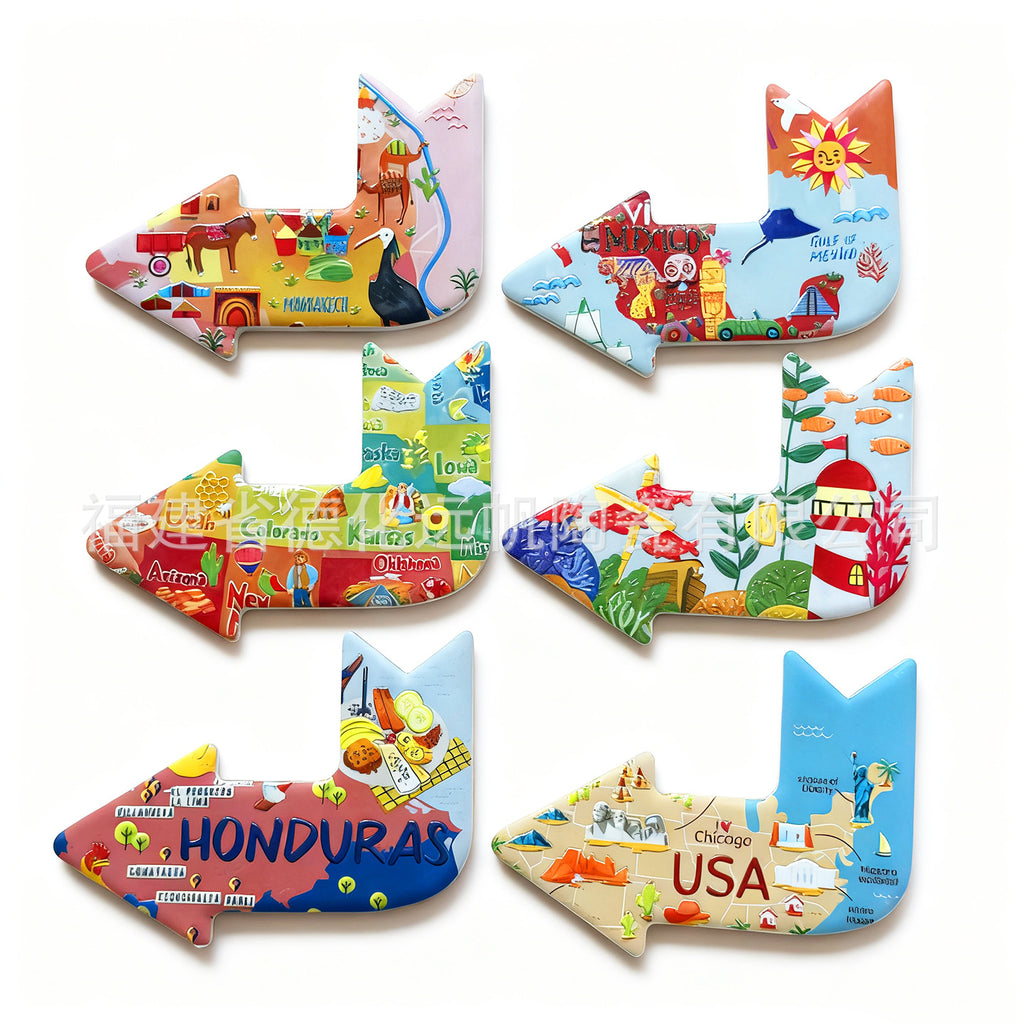 CouldNook Arrow Fridge Magnet - Raised Travel Motifs And Colorful Landmark Scenes