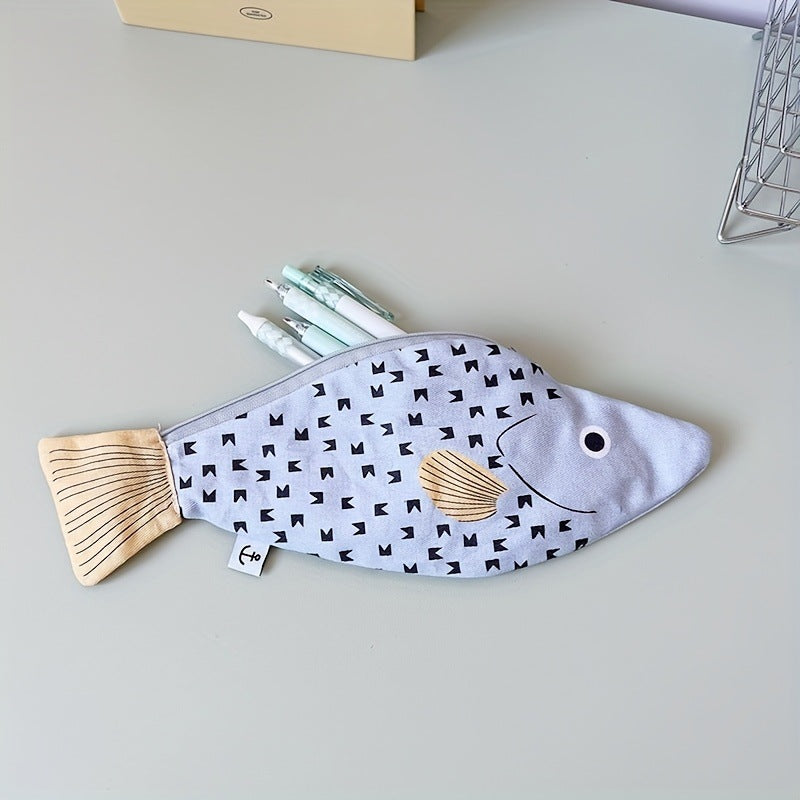 CouldNook Fish Canvas Pencil Pouch - Printed Scales And Fishbone Lining