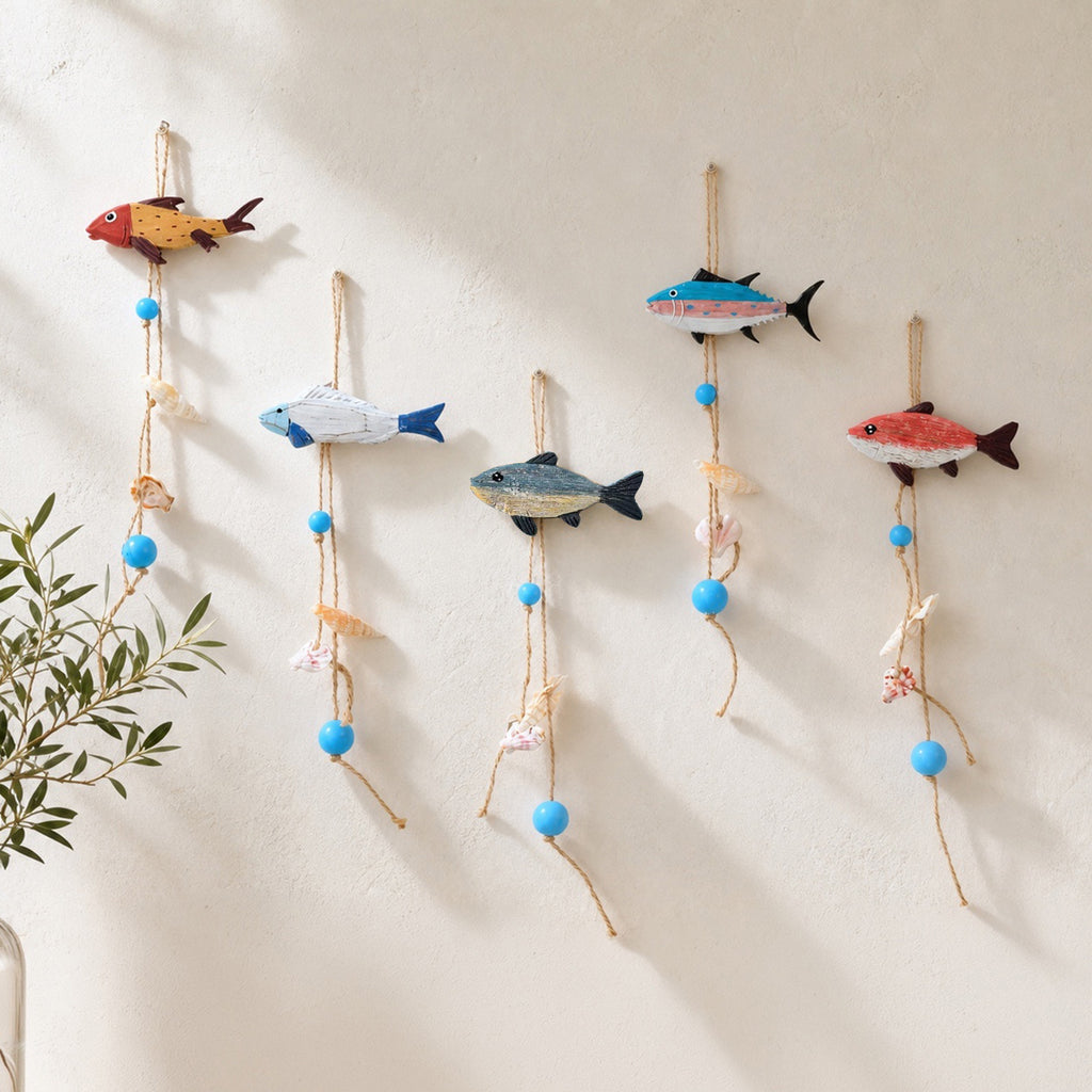 CouldNook Wooden Fish Wall Hanging - Painted Patterns And Beaded Cord