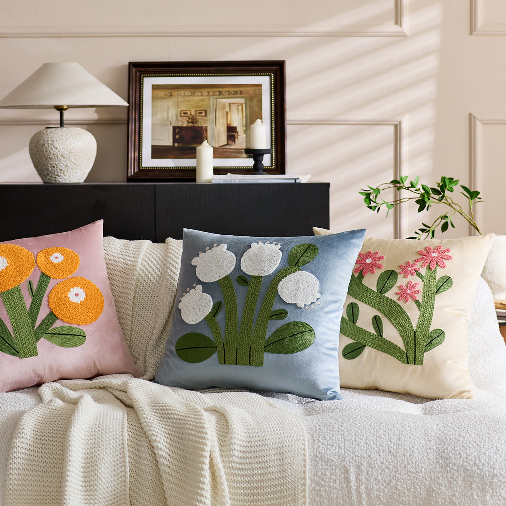 CouldNook Embroidered Floral Cushion Cover - Velvet Face And Raised Flowers