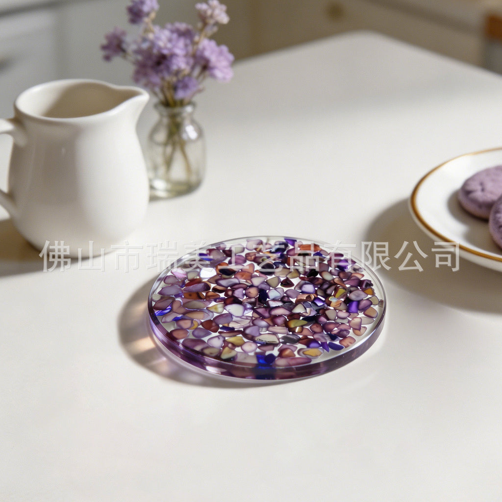 CouldNook Round Shell Coaster - Clear Resin and Iridescent Fragment Inlay