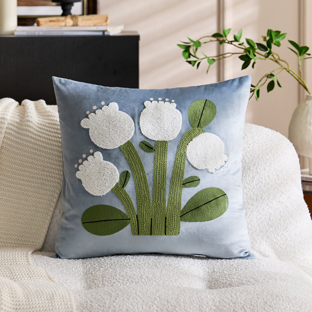 CouldNook Embroidered Floral Cushion Cover - Velvet Face And Raised Flowers