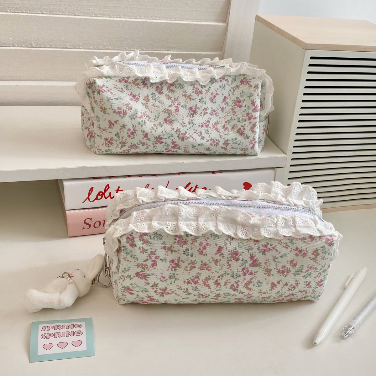 CouldNook Floral Lace Pencil Pouch - Ruffled Trim And Top Zipper