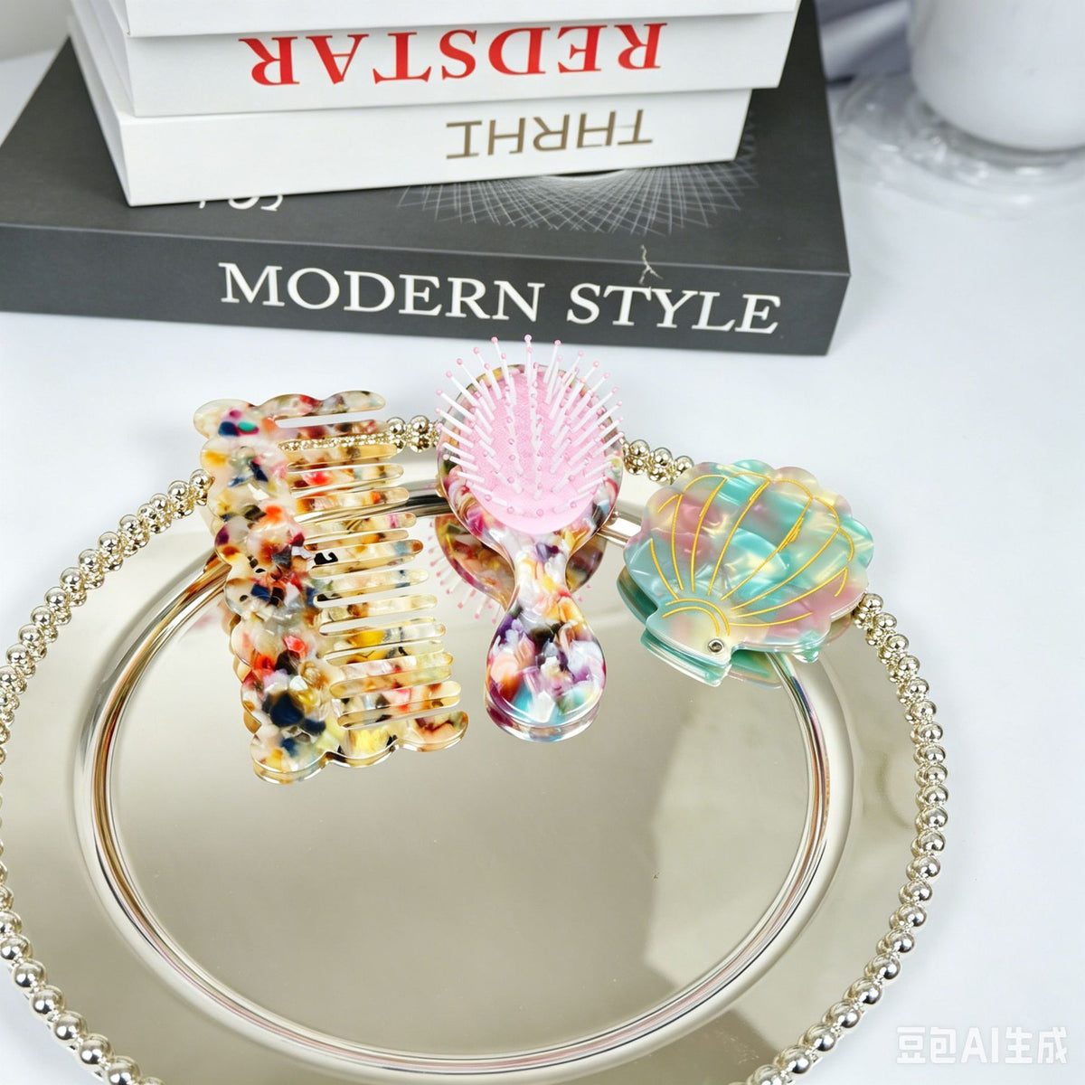 CouldNook Comb Brush And Mirror Set - Patterned Bodies And Shell-Shaped Mirror