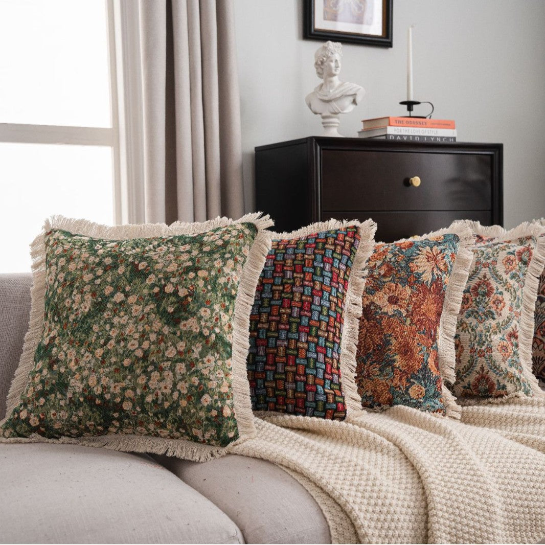 CouldNook Fringed Jacquard Cushion - Woven Patterns And Pale Edge Trim