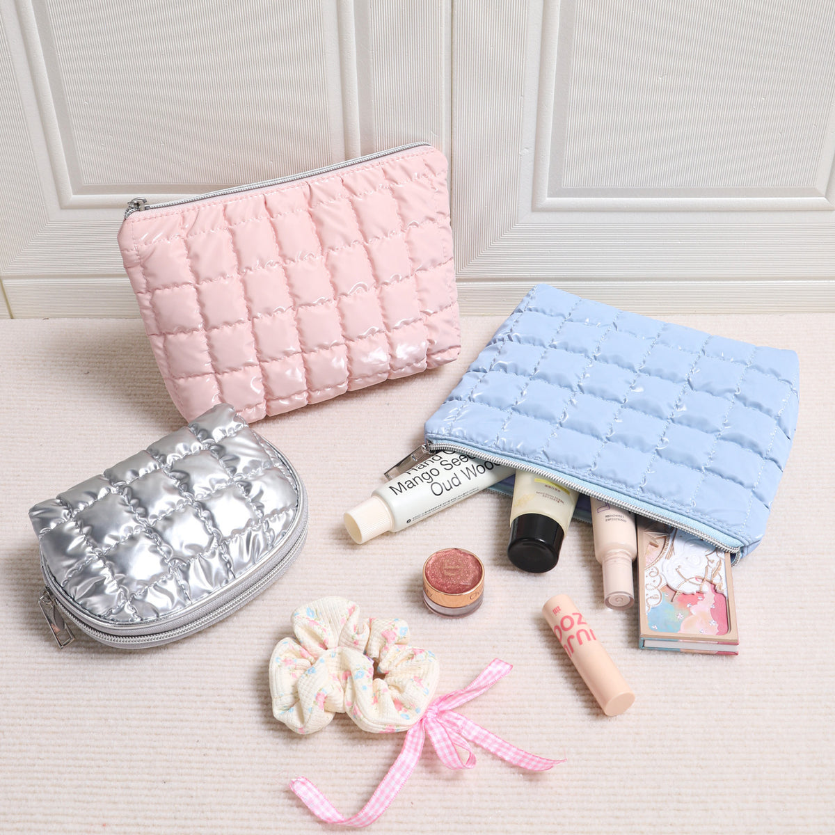 CouldNook Quilted Cosmetic Bag - Glossy Squares And Coordinated Storage Shapes