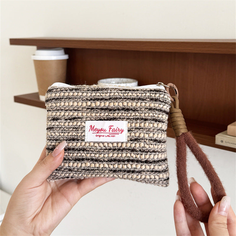 CouldNook Striped Wristlet Pouch - Woven Rows And Brown Carry Loop