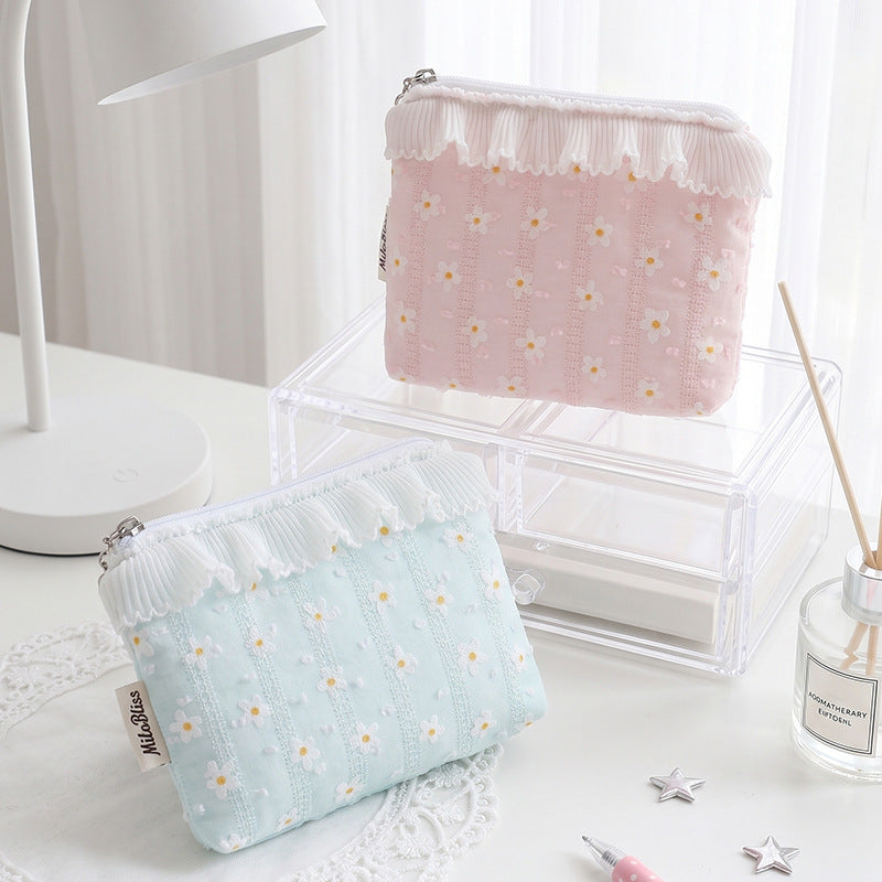 CouldNook Daisy Cosmetic Pouch - Tiny Flowers And Pleated Ruffle Trim