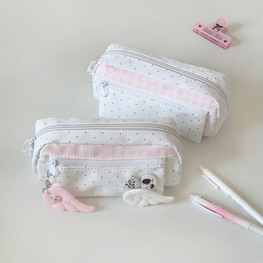 CouldNook Polka Dot Pencil Case - Plaid Band And Front Zip Pocket