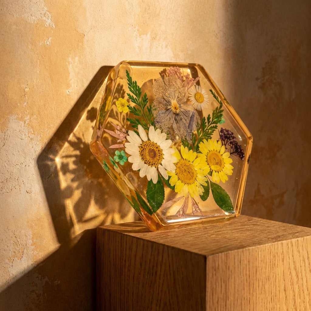 CouldNook Hexagonal Floral Coaster - Clear Body and Pressed Flower Arrangement