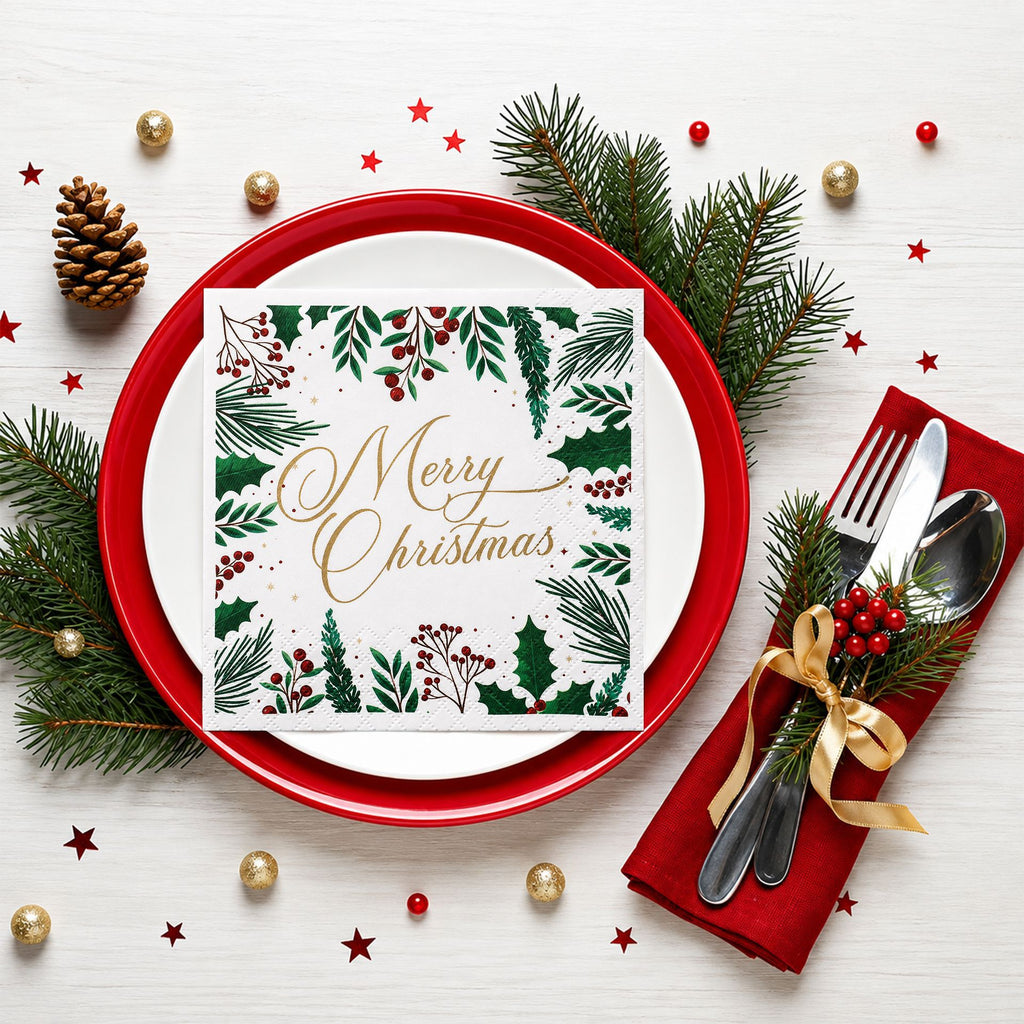 CouldNook Christmas Paper Napkins - Holly Berry Border And Script Greeting
