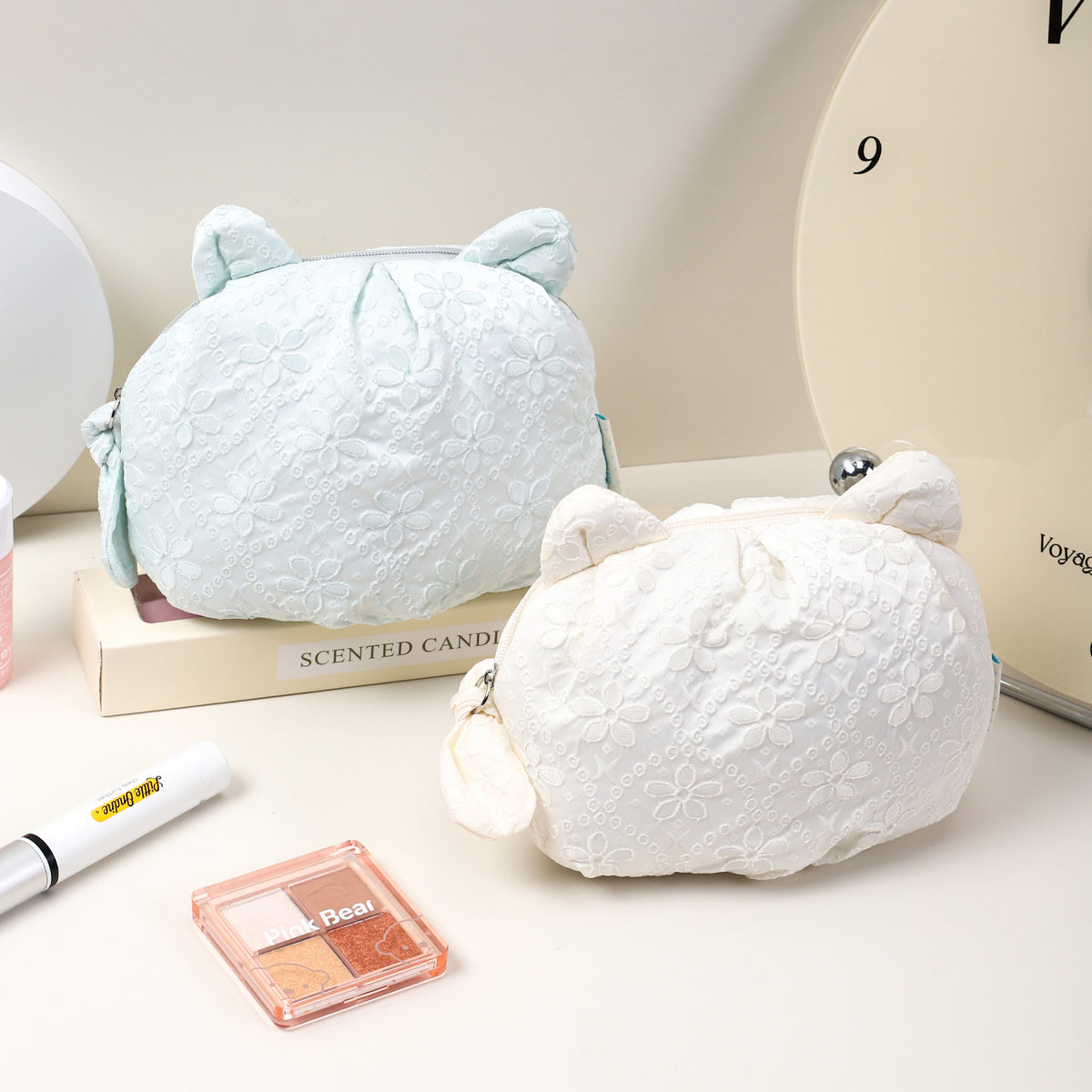 CouldNook Floral Cosmetic Pouch - Textured Blossoms And Cat Ear Details