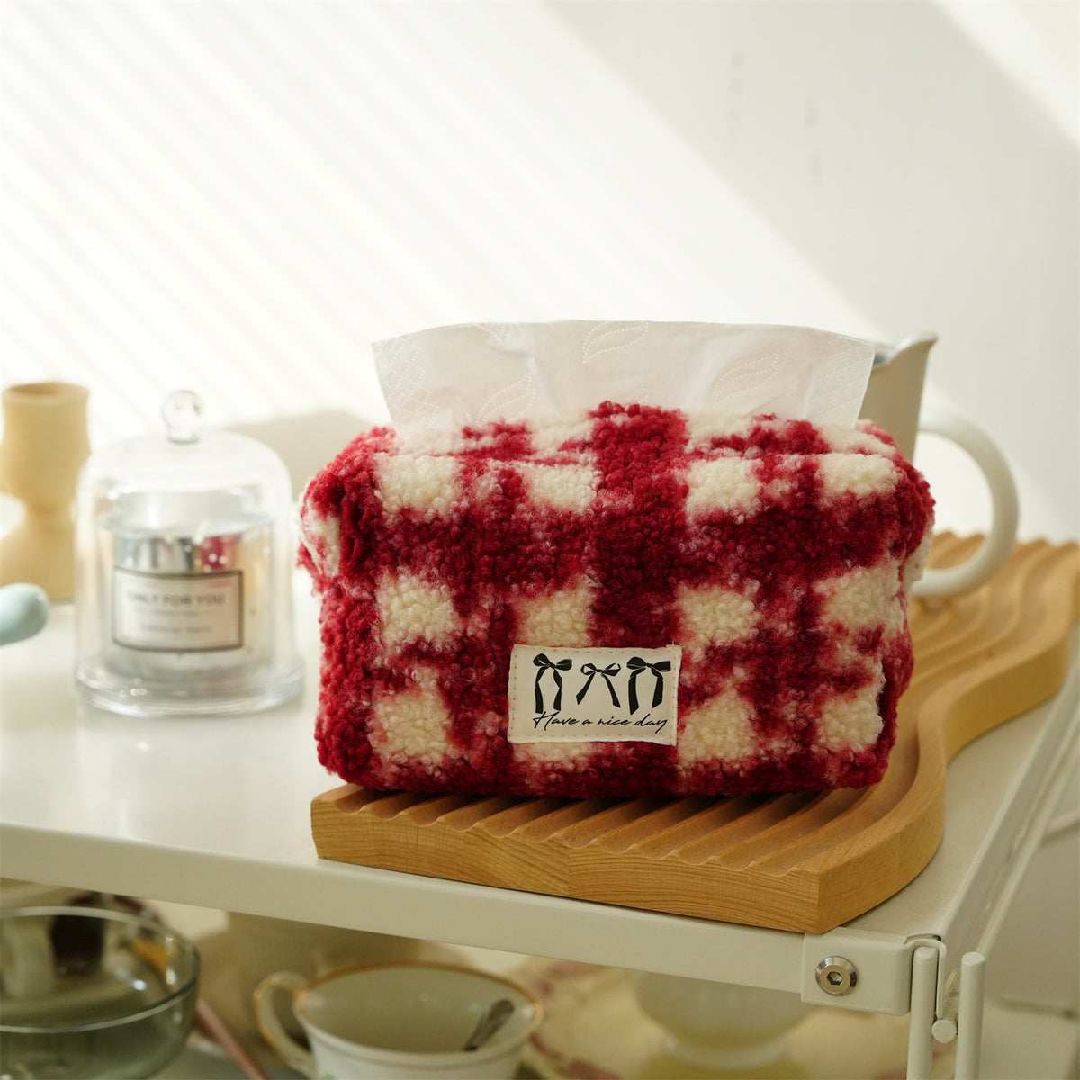 CouldNook Plaid Tissue Box Cover - Fuzzy Surface and Front Label