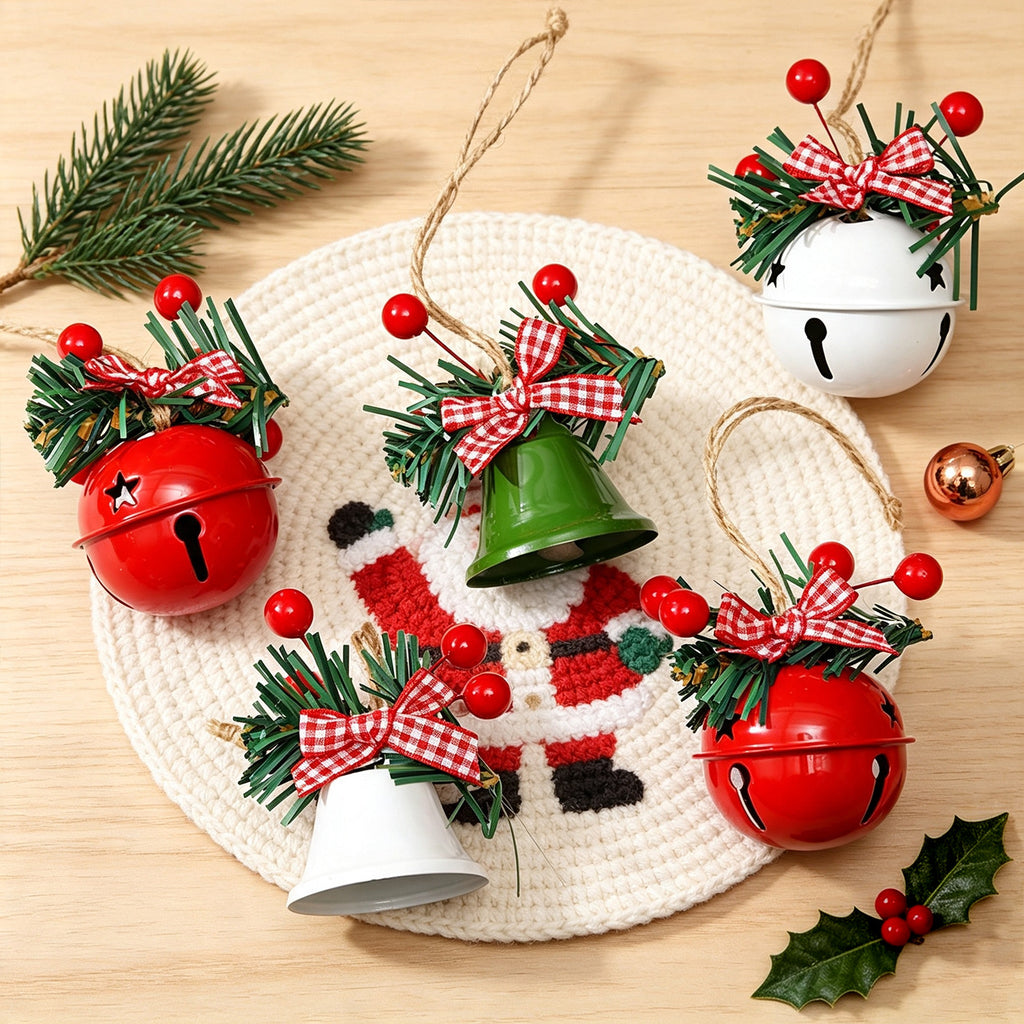 CouldNook Christmas Bell Ornament - Checkered Bows and Greenery Accents
