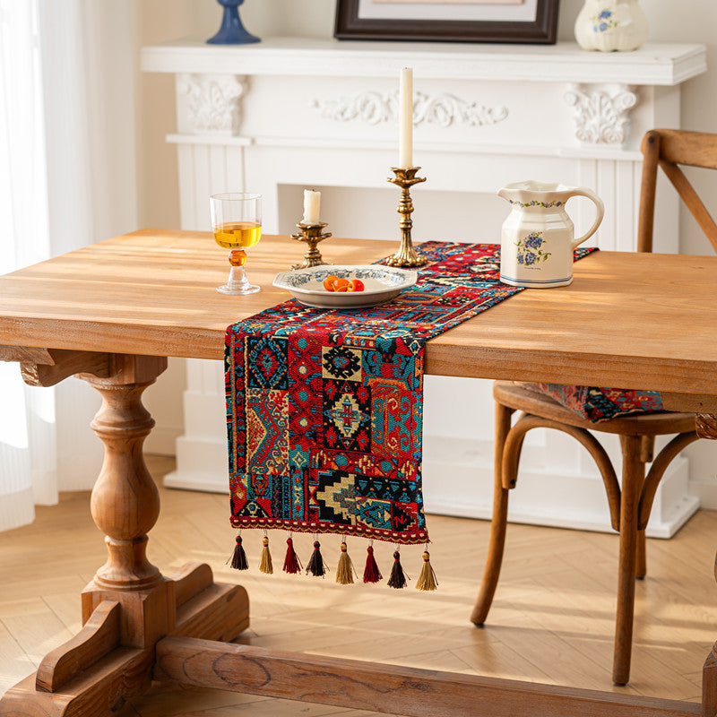 CouldNook Boho Vintage Jacquard Table Runner - Elegant Tassel Decor