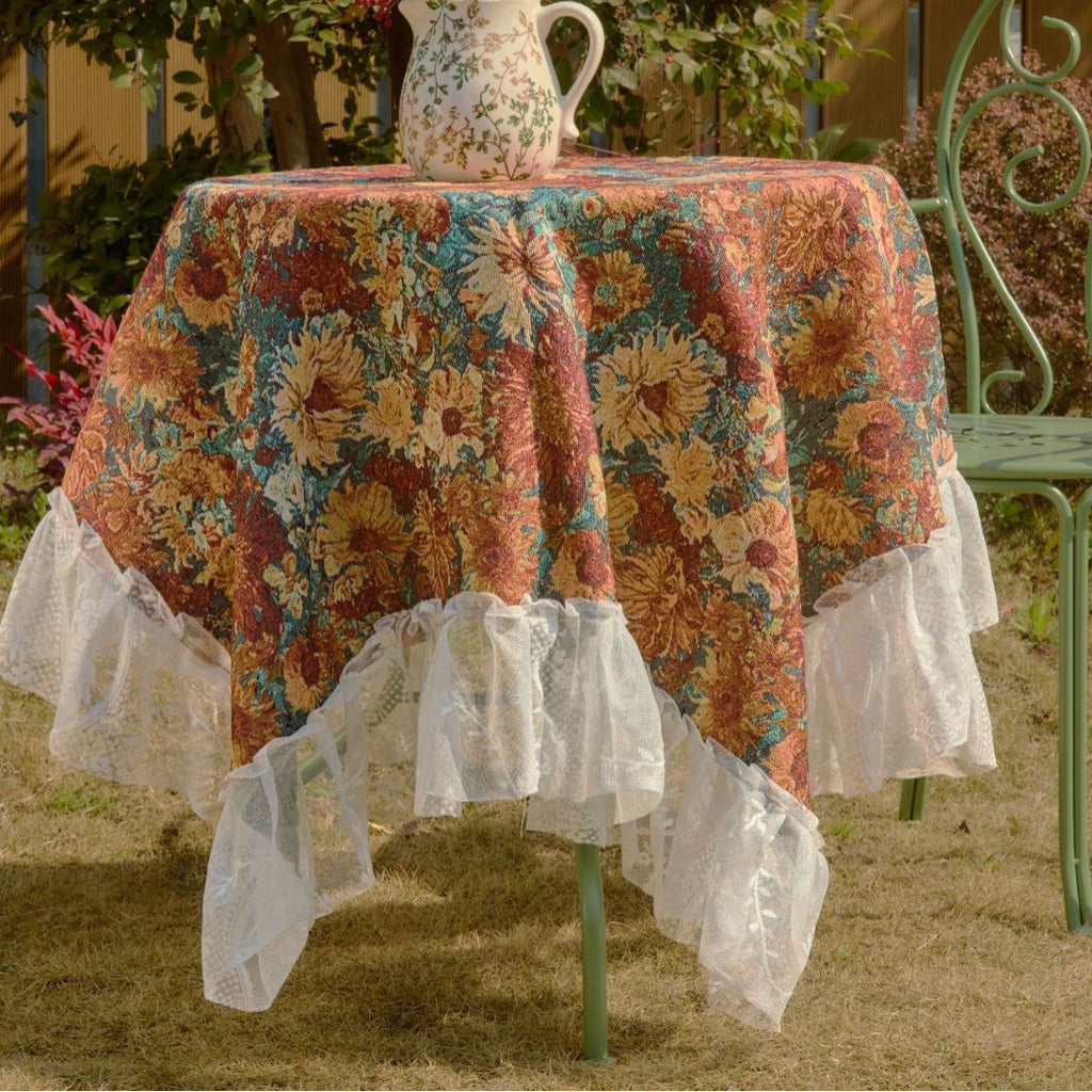 CouldNook Ruffled Jacquard Tablecloth - Patterned Center And Sheer Lace Border