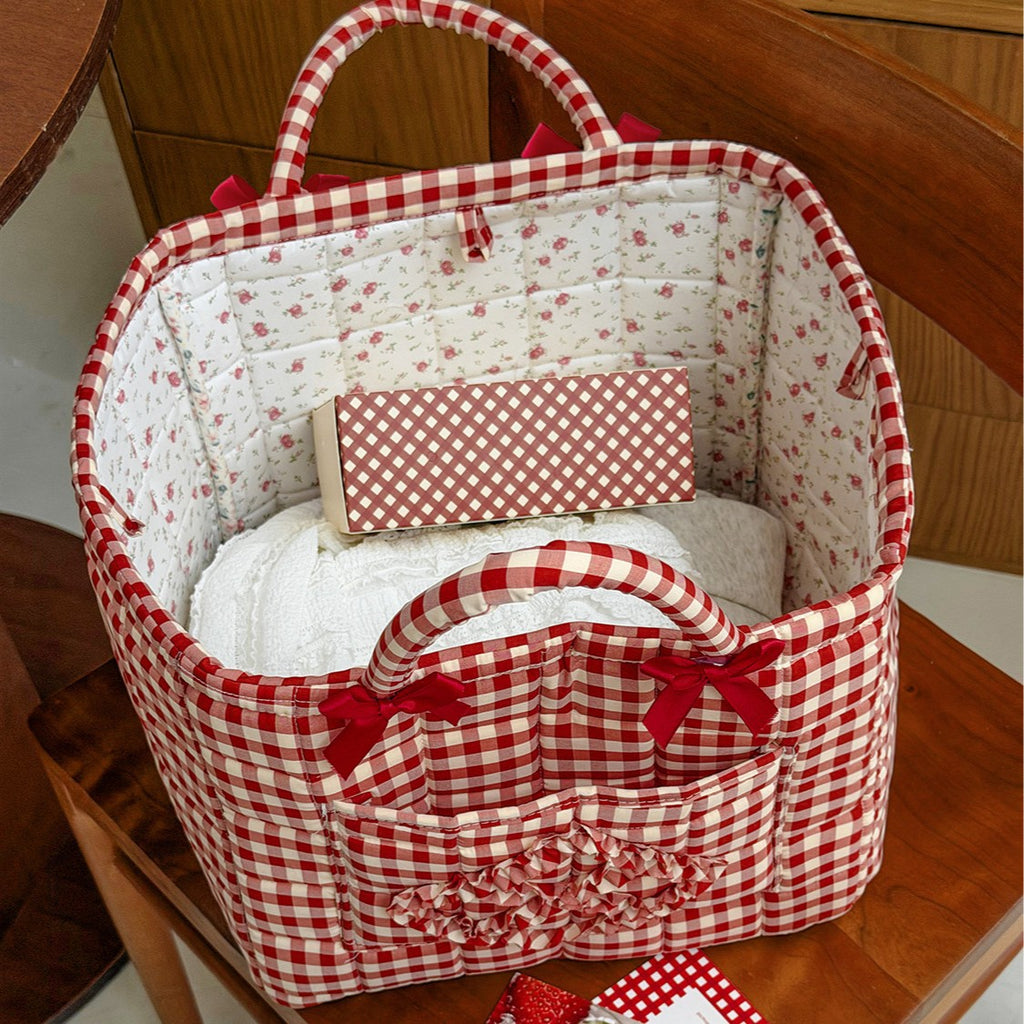 CouldNook Gingham Storage Basket - Bow Handles And Ruffled Front Pocket
